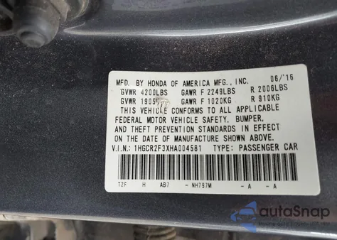 2017 Honda Accord Lx из США, поврежденный, VIN 1HGCR2F3XHA004581